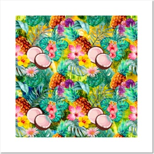 tropical pineapple exotic botanical illustration with floral tropical fruits, botanical pattern. yellow fruit pattern over a Posters and Art